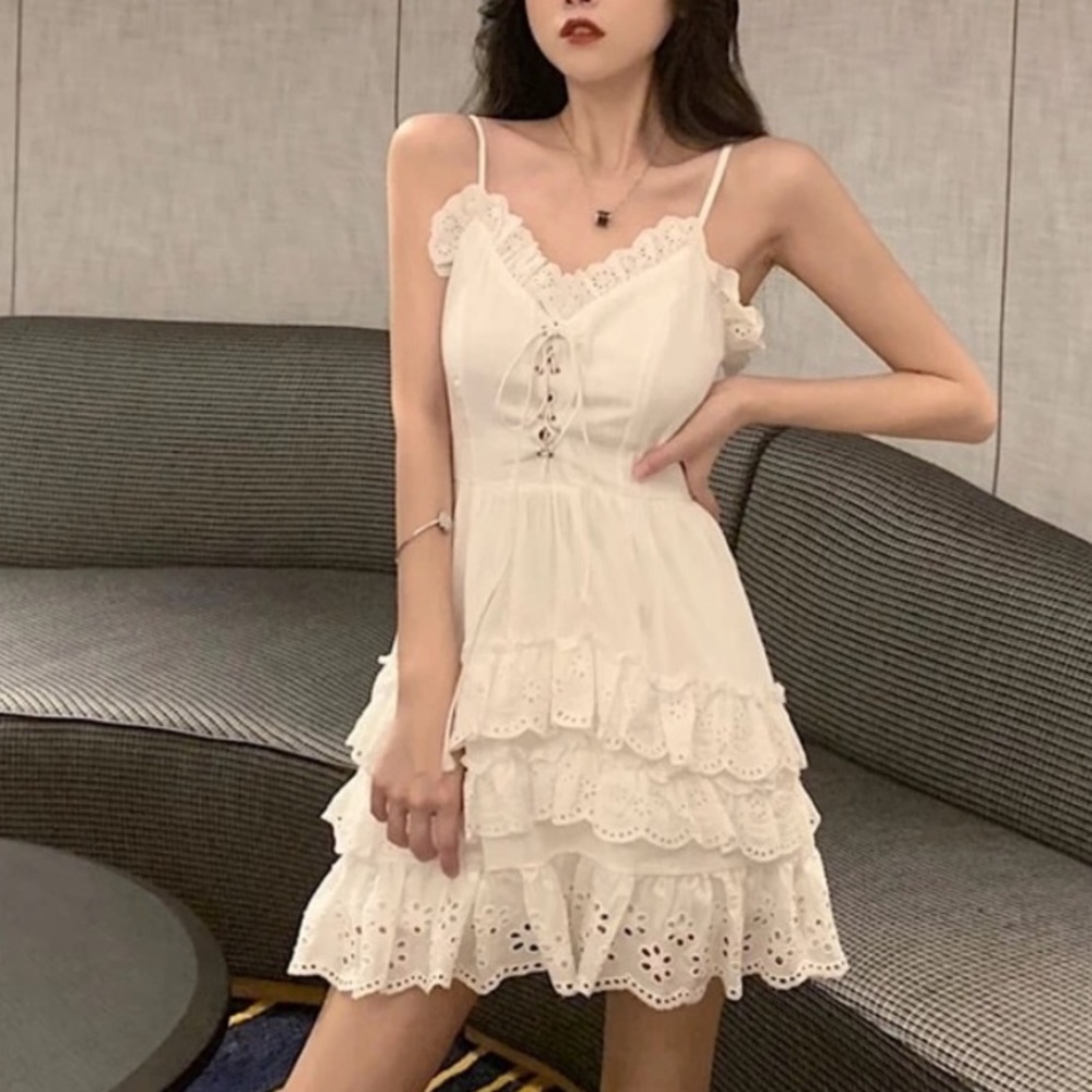 Dress lace Ruffle Strappy summer sun dress womens